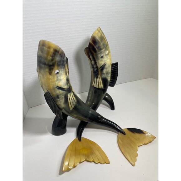 Large Hand-Carved Horn Fish Figurines Pair - Natural Polished Finish - Unique De - Picture 3 of 10